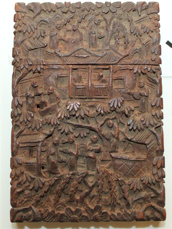 Early 20C Chinese hardwood card case, profusely-carved with figures and pagodas in landscapes